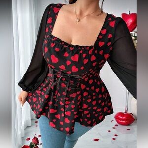 Black Red Heart Print Peplum Sheer Long Sleeves Top Blouse Shirt